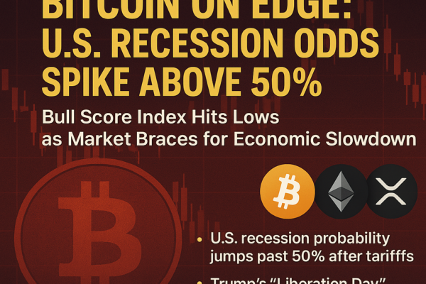 🟠 Crypto AI Updates 📅 April 4, 2025 – Market Pulse Special📈 Macro meets crypto — decoded for all A newsletter-style digital graphic titled "CRYPTOAI UPDATES – April 4, 2025" with a bold yellow headline reading "BITCOIN ON EDGE" over a red background. The image features a downward candlestick chart, U.S. recession odds, rate cut references, and the logos of Bitcoin, Ethereum, and Ripple, symbolizing market stress and macroeconomic concerns.