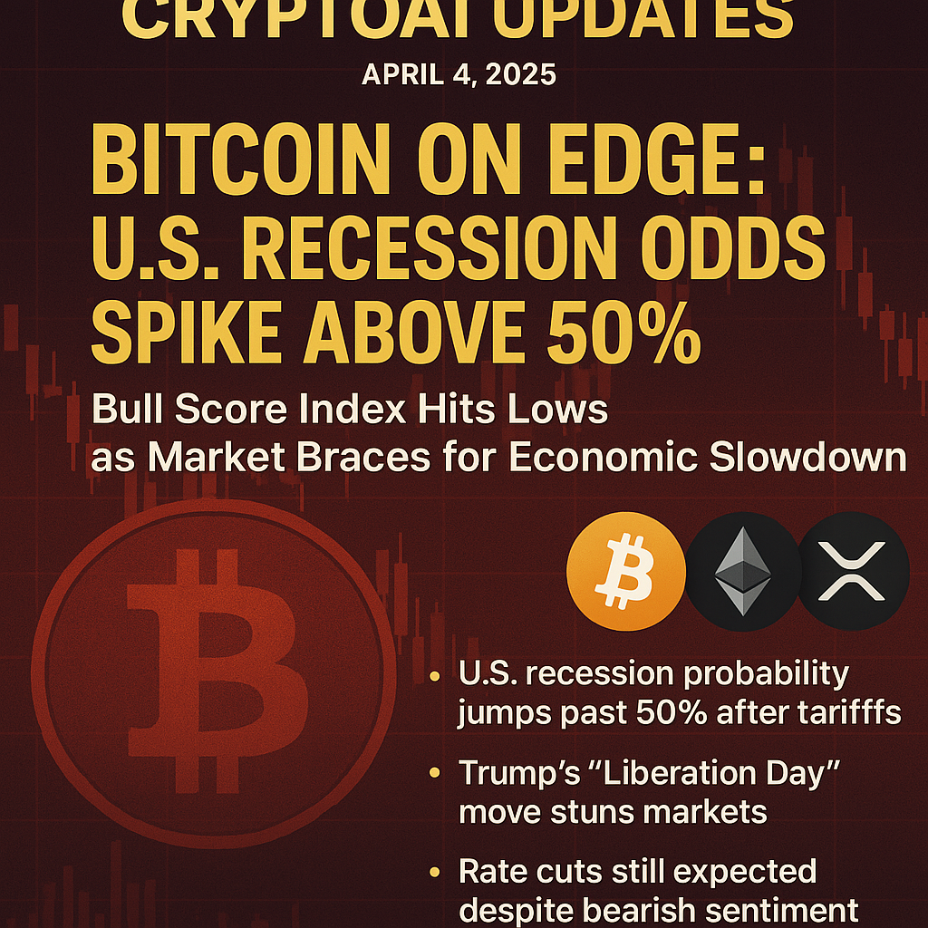 A newsletter-style digital graphic titled "CRYPTOAI UPDATES – April 4, 2025" with a bold yellow headline reading "BITCOIN ON EDGE" over a red background. The image features a downward candlestick chart, U.S. recession odds, rate cut references, and the logos of Bitcoin, Ethereum, and Ripple, symbolizing market stress and macroeconomic concerns.