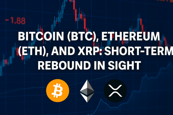 A digital graphic illustrating Bitcoin (BTC), Ethereum (ETH), and XRP market trends with candlestick charts, line graphs, and financial data overlays. The background features a blue-toned financial interface, while bold cryptocurrency logos and a headline reading “GLOBAL TARIFFS” in orange emphasize the impact of geopolitical and economic factors.