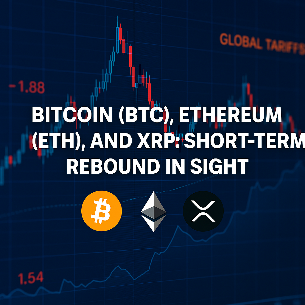 A digital graphic illustrating Bitcoin (BTC), Ethereum (ETH), and XRP market trends with candlestick charts, line graphs, and financial data overlays. The background features a blue-toned financial interface, while bold cryptocurrency logos and a headline reading “GLOBAL TARIFFS” in orange emphasize the impact of geopolitical and economic factors.