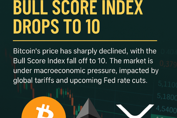 🟡 Crypto AI Updates 📅 April 4, 2025 Edition🔗 Stay ahead with crypto insights, macro trends, and expert forecasts A digital newsletter graphic titled "CRYPTOAI UPDATES – April 4, 2025," featuring a dramatic decline in Bitcoin prices with a background of red candlestick charts. The main headline reads "BITCOIN PLUNGES AS BULL SCORE INDEX DROPS TO 10" in bold yellow. Bitcoin, Ethereum, and XRP icons are displayed prominently alongside brief market commentary about rate cuts, tariffs, and bearish sentiment.