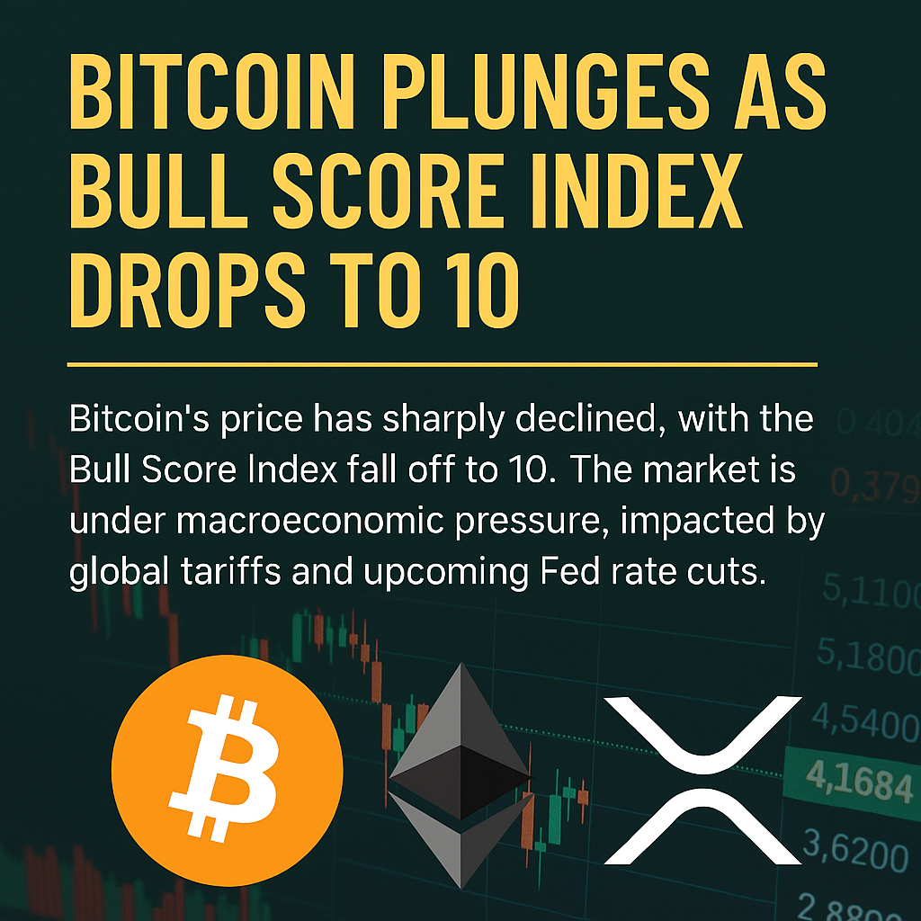 A digital newsletter graphic titled "CRYPTOAI UPDATES – April 4, 2025," featuring a dramatic decline in Bitcoin prices with a background of red candlestick charts. The main headline reads "BITCOIN PLUNGES AS BULL SCORE INDEX DROPS TO 10" in bold yellow. Bitcoin, Ethereum, and XRP icons are displayed prominently alongside brief market commentary about rate cuts, tariffs, and bearish sentiment.