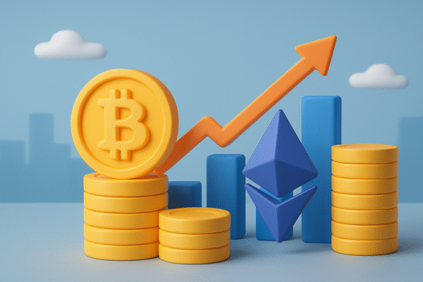 CRYPTO UPDATES 10 MAY 2025: MARKET SHIFTS & INSIGHTS Crypto coin stack with rising arrow