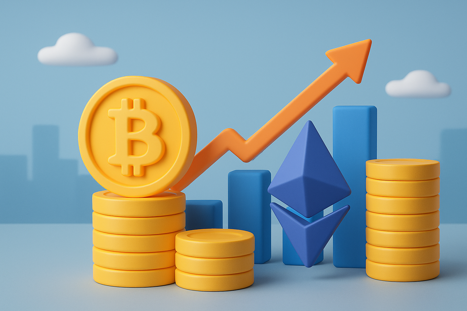 Crypto coin stack with rising arrow