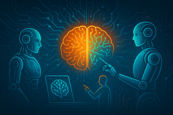 Futuristic digital illustration showing two humanoid robots and a human interacting with a glowing neural brain interface, symbolizing advanced AI-human collaboration.