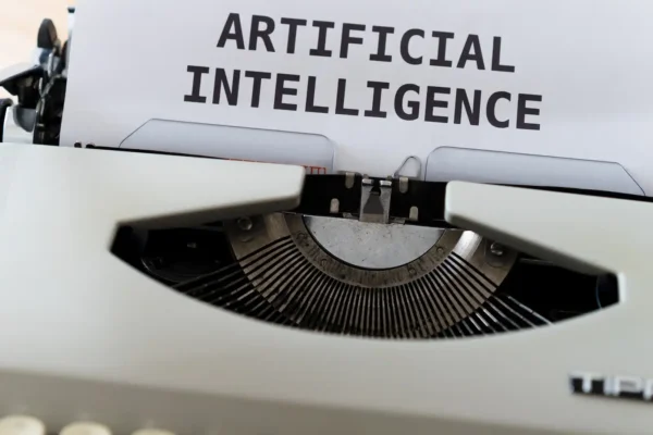 Artificial Intelligence type writer printing in a paper,