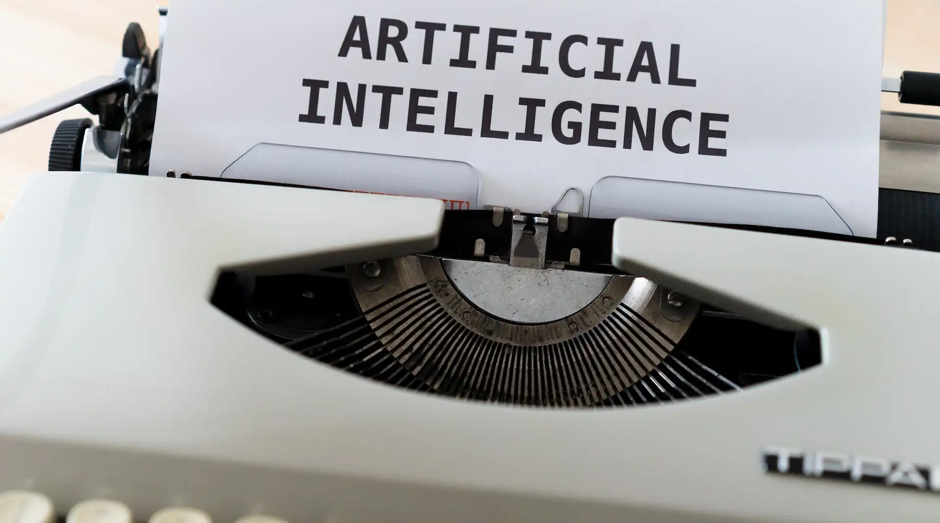 Artificial Intelligence type writer printing in a paper,