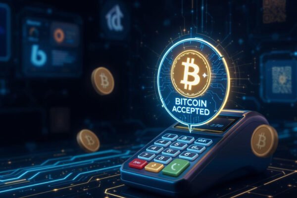 Get a Bitcoin Merchant Account – Step‑by‑Step 2025 3D horizontal image showing Bitcoin payment terminal with 'Bitcoin Accepted' hologram, BitPay and Coinbase Commerce logos, and crypto-themed dashboard overlay