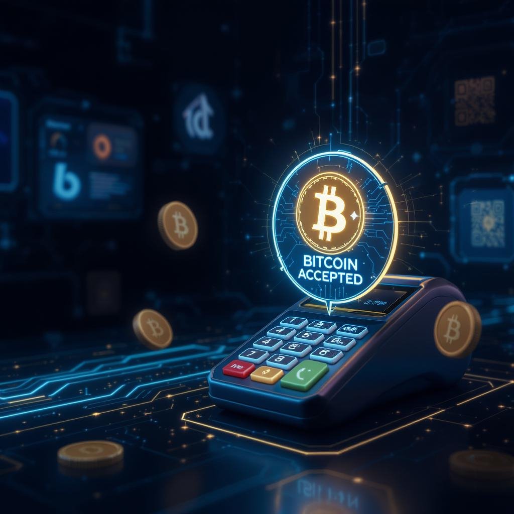 3D horizontal image showing Bitcoin payment terminal with 'Bitcoin Accepted' hologram, BitPay and Coinbase Commerce logos, and crypto-themed dashboard overlay