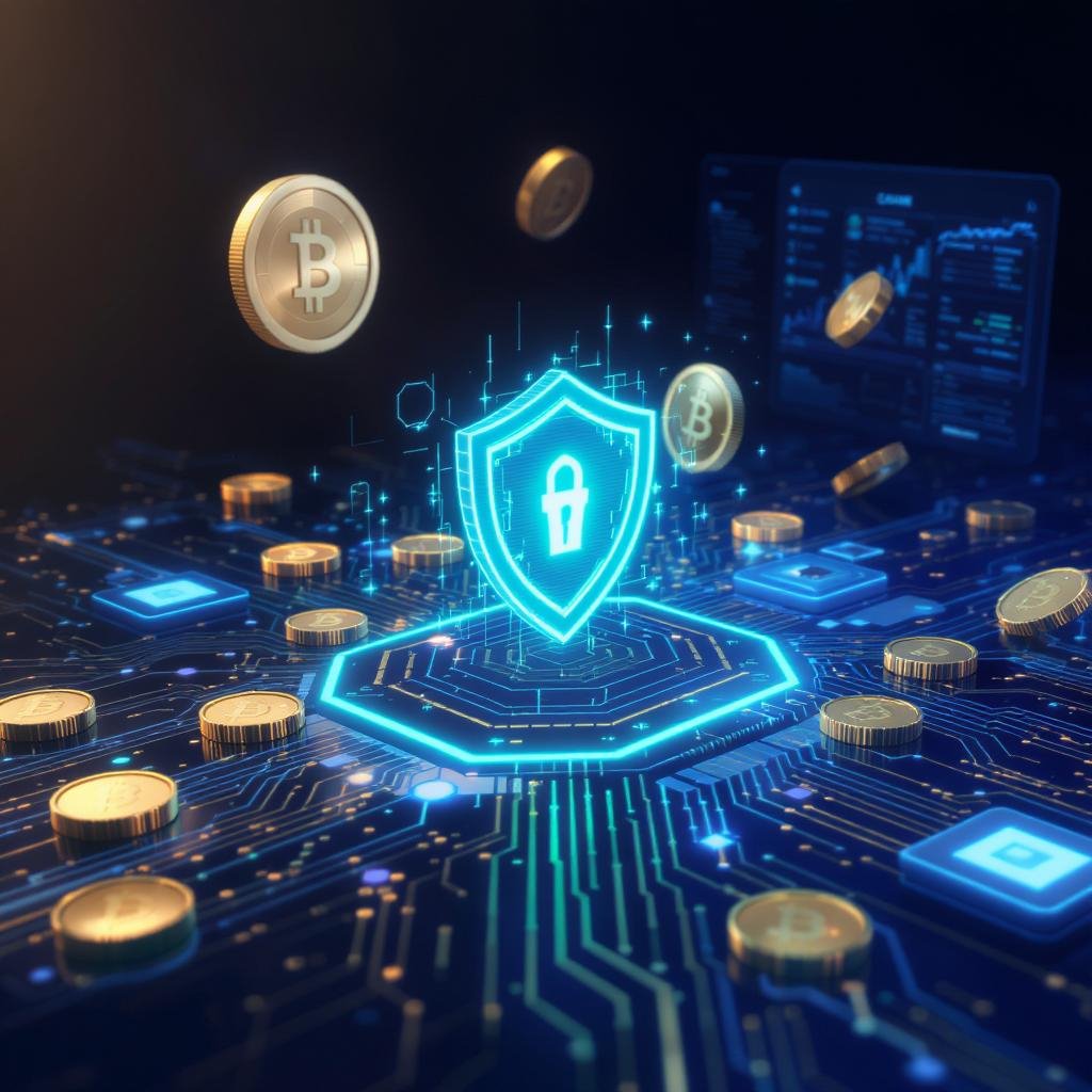 Futuristic 3D landscape banner in gold and blue, showing AI-powered crypto wallet interface, digital coins, and circuit patterns for cryptoaiupdates.com
