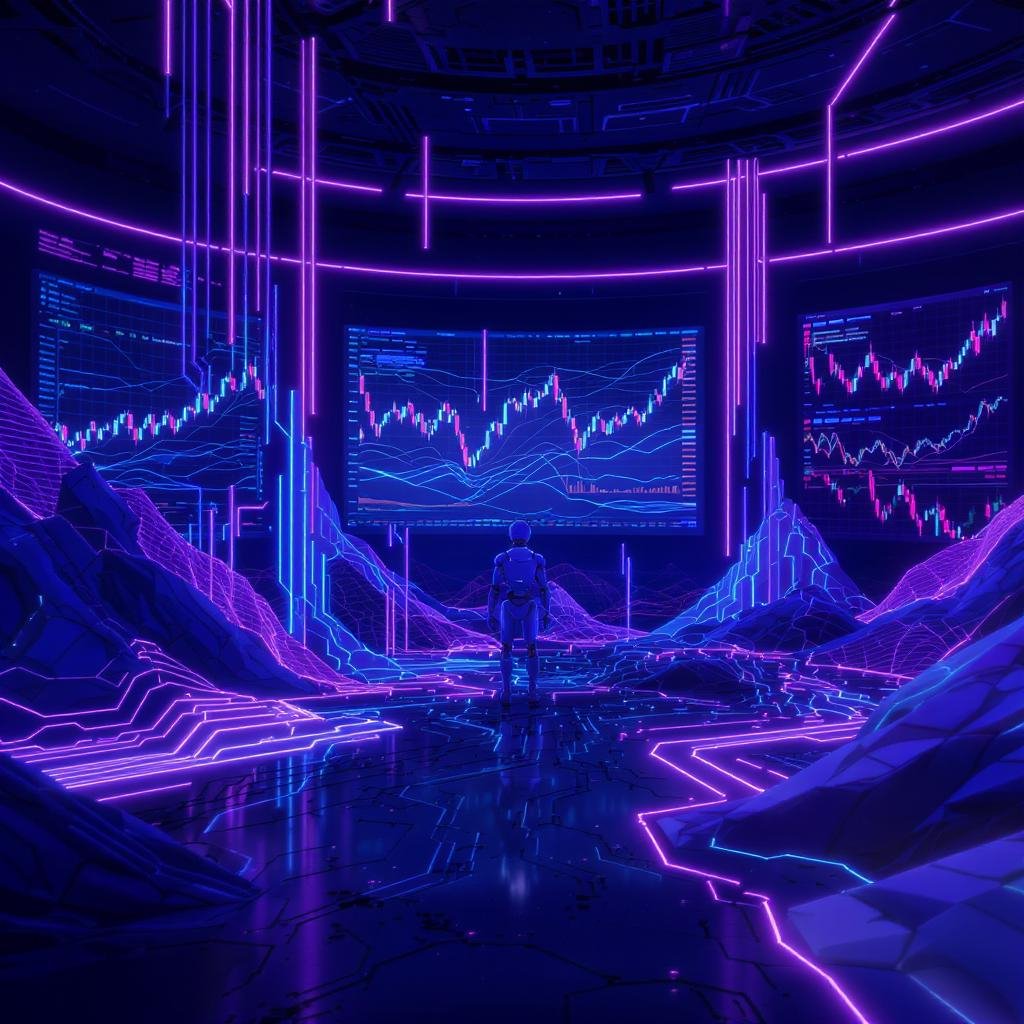 Minimalist 3D landscape showing AI robots analyzing crypto charts in a digital control room, glowing in neon blue and deep purple, futuristic, sharp,