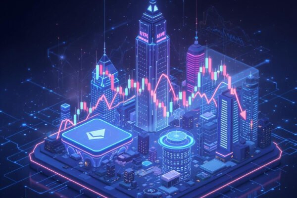 Latest Crypto News Updates at a Glance – June 22, 2025 3D isometric digital skyline with fluctuating Bitcoin and Ethereum price charts on neon holograms, showing red-down arrows, AI-glow cityscape, deep blue tones, cyberpunk aesthetic, minimal and sharp,