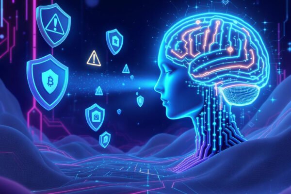 3D digital landscape showing an AI brain connected to a glowing blockchain network, surrounded by digital security shields and floating crypto coins. The scene is set in a futuristic cyberspace environment with vibrant neon hues (blue, green, purple) and sleek metallic tones.