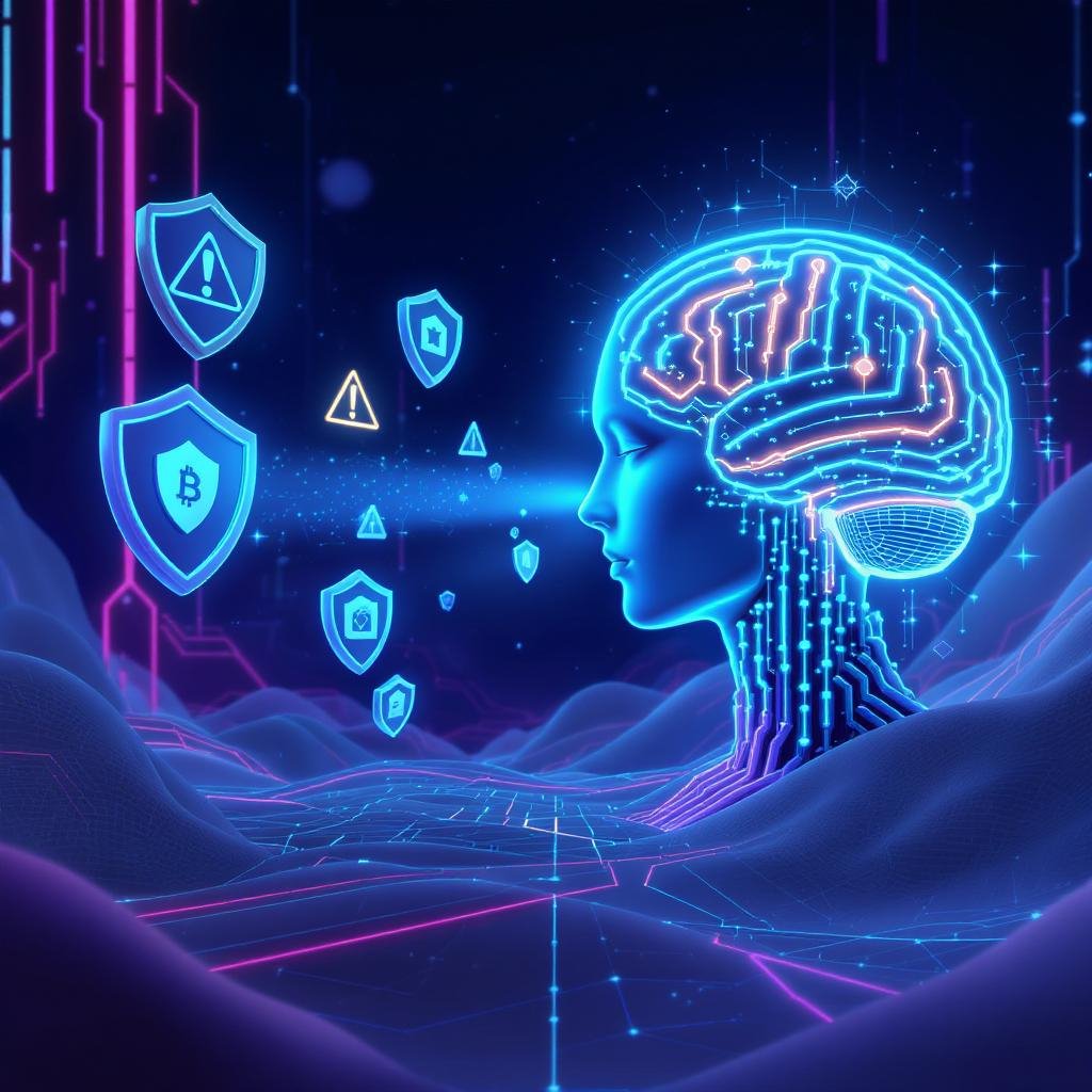 3D digital landscape showing an AI brain connected to a glowing blockchain network, surrounded by digital security shields and floating crypto coins. The scene is set in a futuristic cyberspace environment with vibrant neon hues (blue, green, purple) and sleek metallic tones.