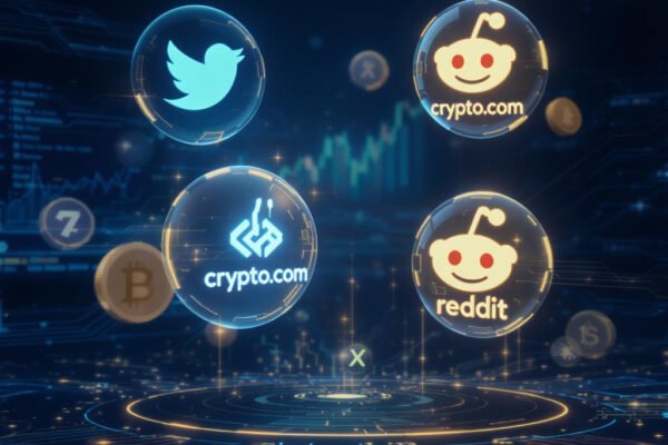 Crypto.com News 2025: Reddit & Twitter Explode 3D horizontal image with Crypto.com logo, floating Reddit and Twitter icons, CRO coins, and holographic social buzz elements in gold and electric blue