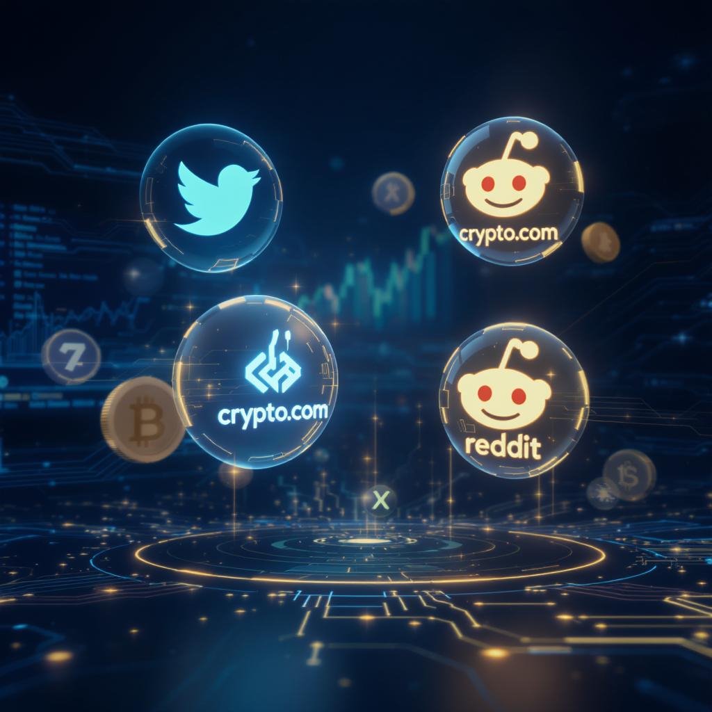3D horizontal image with Crypto.com logo, floating Reddit and Twitter icons, CRO coins, and holographic social buzz elements in gold and electric blue