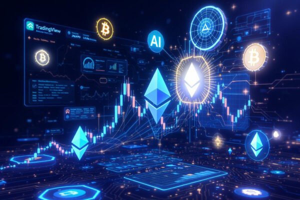 Top AI Tools Crypto Traders Use in 2025 3D horizontal image of AI-powered crypto trading dashboard with Bitcoin, Ethereum symbols, trading bots, and holographic interfaces for TradingView and Jasper AI