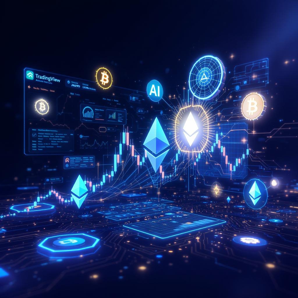 3D horizontal image of AI-powered crypto trading dashboard with Bitcoin, Ethereum symbols, trading bots, and holographic interfaces for TradingView and Jasper AI