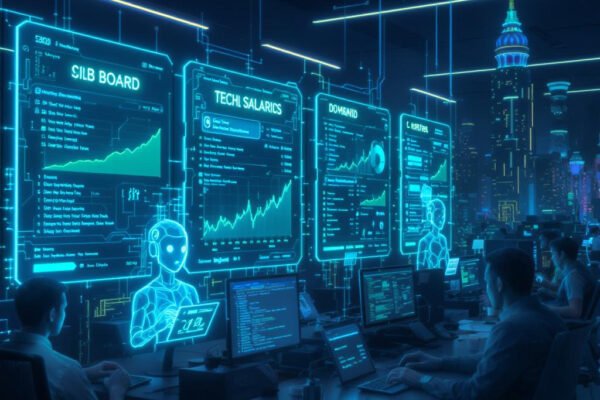 Top IT Jobs Hiring Now – June 22, 2025: Highest‑Paying Tech Careers You Can Apply For Today Futuristic 3D digital office skyline with holographic job boards, glowing avatars interacting with AR interfaces, charts showing rising tech salaries and demand, vibrant neon lights in blue and green, ultra-realistic human figures coding and analyzing data in a high-tech environment, dark cyber-metropolis background, AI glow and reflections, sharp, clean, horizontally stretched,