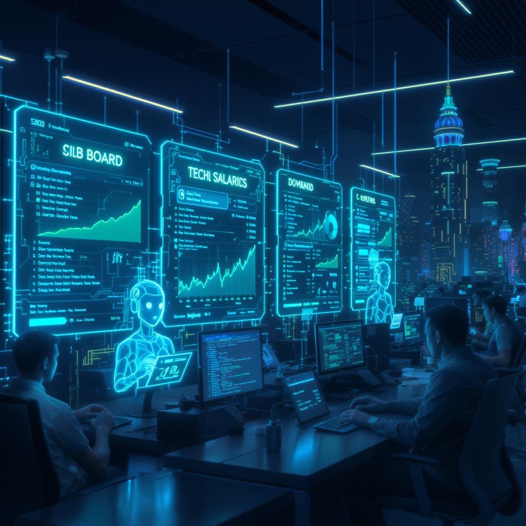 Futuristic 3D digital office skyline with holographic job boards, glowing avatars interacting with AR interfaces, charts showing rising tech salaries and demand, vibrant neon lights in blue and green, ultra-realistic human figures coding and analyzing data in a high-tech environment, dark cyber-metropolis background, AI glow and reflections, sharp, clean, horizontally stretched,