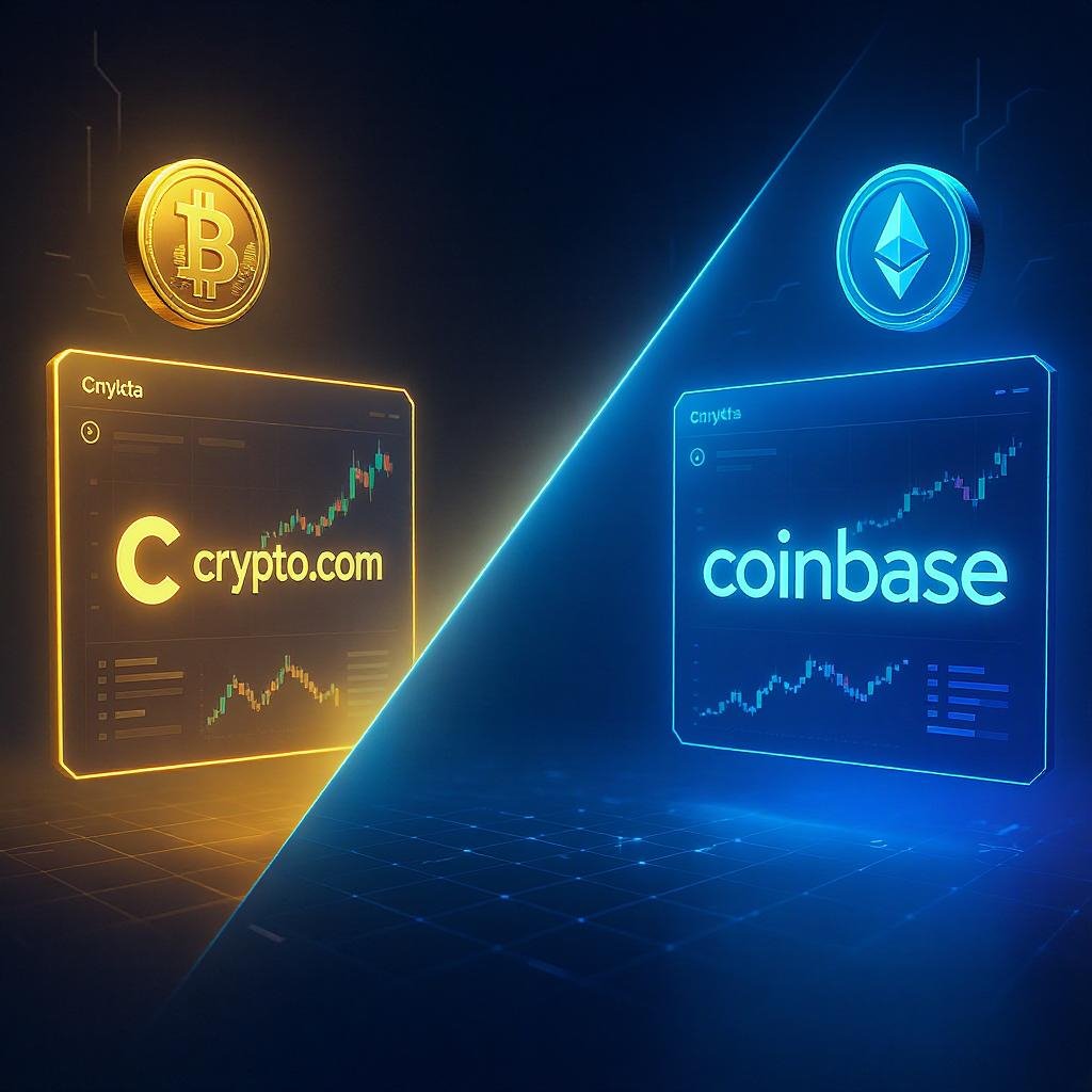 Crypto vs Coinbase: Which One’s Better for You?” 3D horizontal image showing Crypto.com vs Coinbase trading dashboards in gold and blue, with holographic crypto coins and futuristic AI data overlays