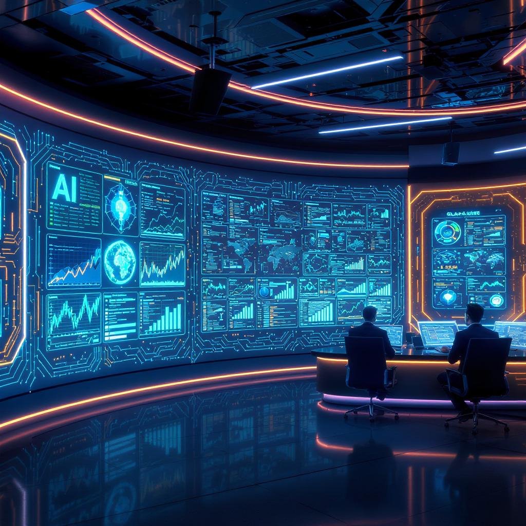 Futuristic 3D newsroom with holographic AI dashboards, digital avatars analyzing live data streams and global headlines, surrounded by glowing circuit-style walls and floating charts, sharp minimalist design in vibrant blue, teal, and electric orange tones. Horizontally stretched, ultra-realistic, clean light reflections,