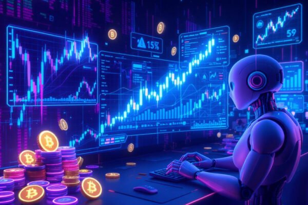 Best AI Trading Bots: Reviewed & Compared Futuristic 3D trading terminal with glowing crypto coins (Bitcoin, Ethereum), AI bot avatars analyzing charts, neon grid background with algorithm code, holographic screens showing rising profits and automation processes, ultra-realistic, sharp lighting, minimalist cyber-finance design in electric blue and purple tones,
