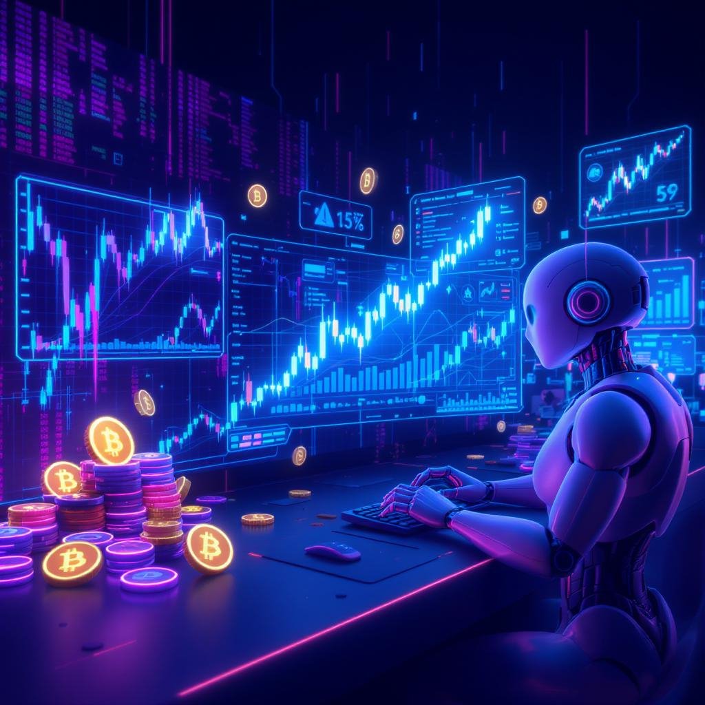 Futuristic 3D trading terminal with glowing crypto coins (Bitcoin, Ethereum), AI bot avatars analyzing charts, neon grid background with algorithm code, holographic screens showing rising profits and automation processes, ultra-realistic, sharp lighting, minimalist cyber-finance design in electric blue and purple tones,