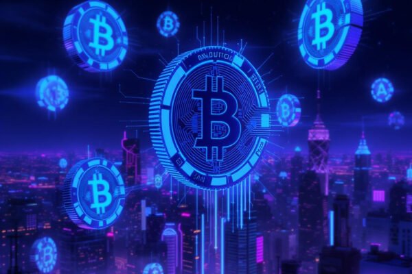 Top 10 AI Crypto Projects in 2025 3D futuristic digital coins hovering above a cyberpunk cityscape at night, glowing in neon blue and deep purple tones, symbolizing AI and blockchain fusion. Ultra-realistic, sharp focus, minimalist composition, balanced lighting, horizontally stretched,