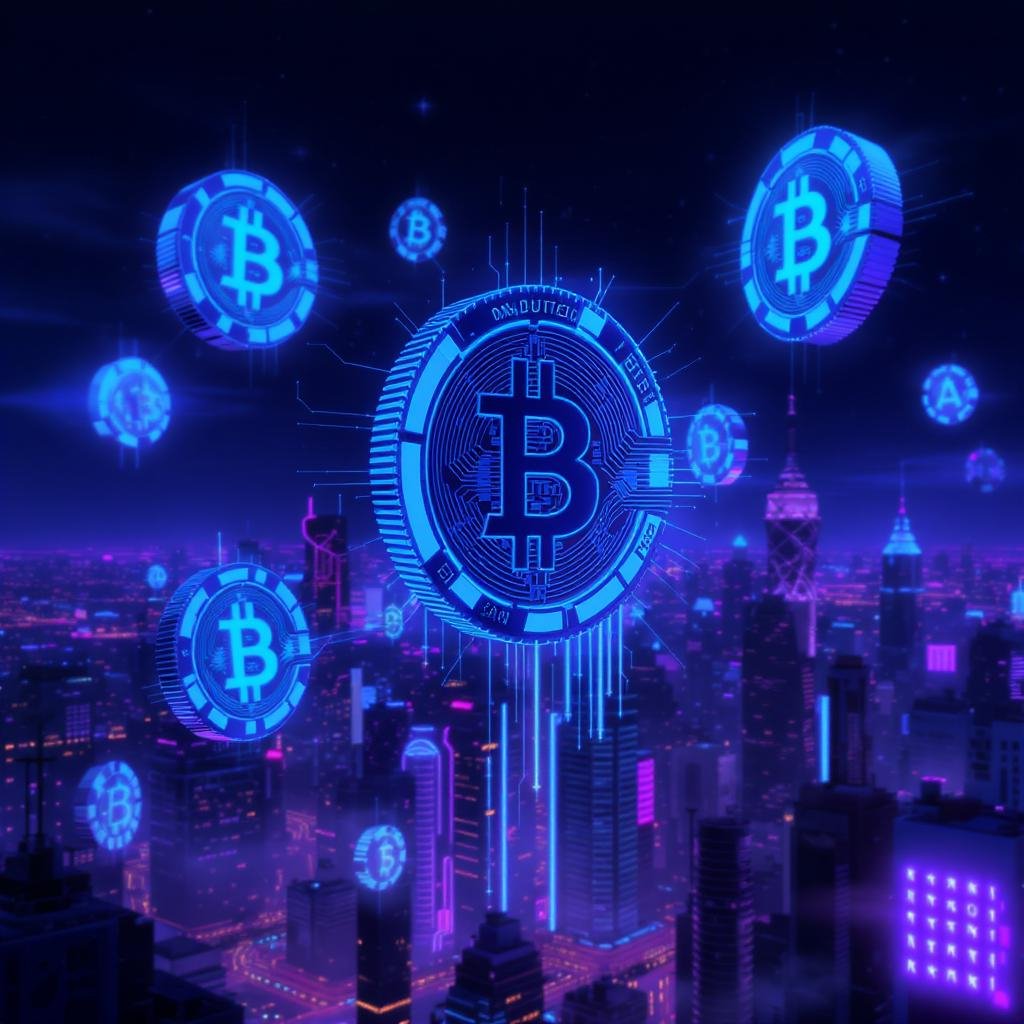 3D futuristic digital coins hovering above a cyberpunk cityscape at night, glowing in neon blue and deep purple tones, symbolizing AI and blockchain fusion. Ultra-realistic, sharp focus, minimalist composition, balanced lighting, horizontally stretched,