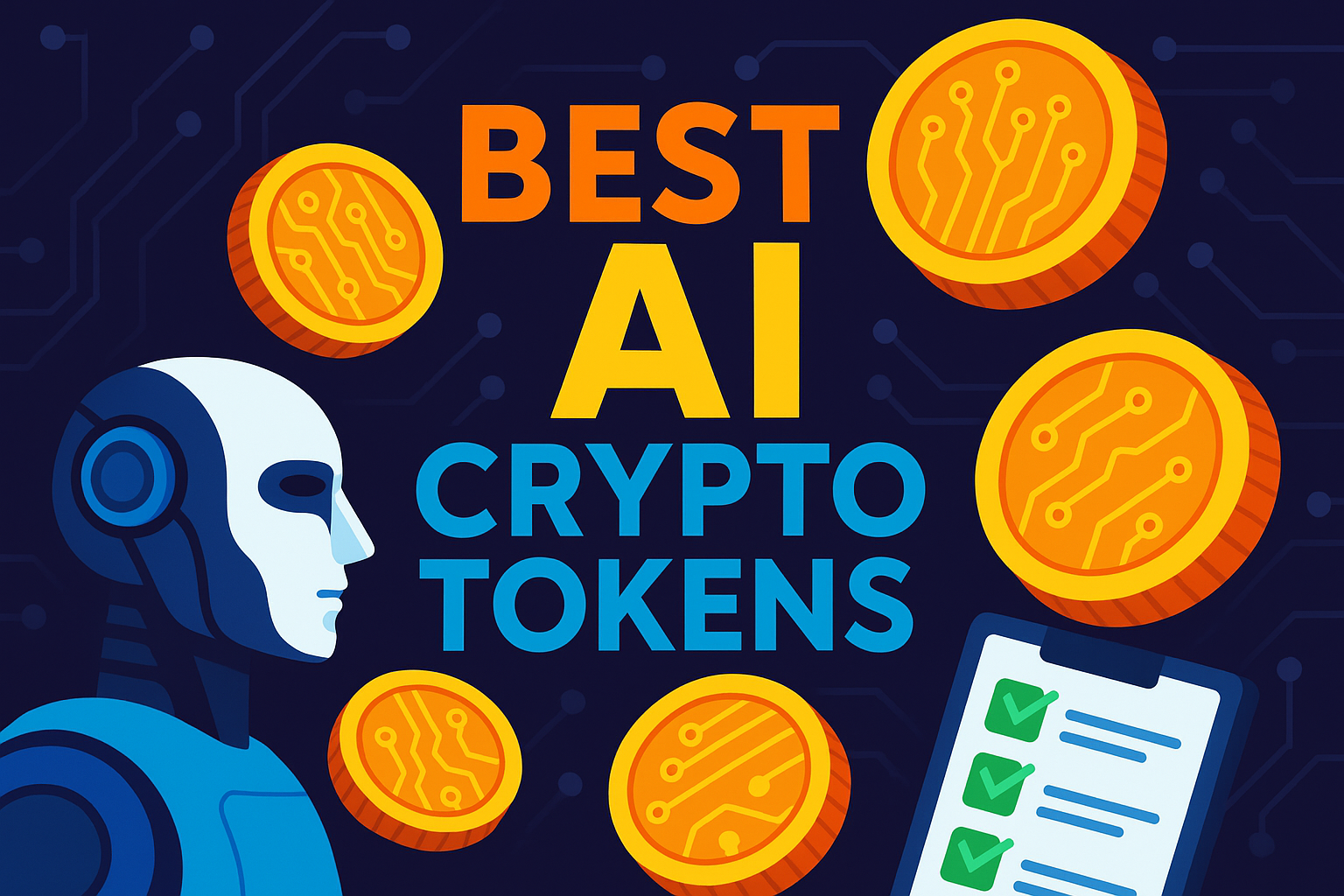3D-style digital illustration with the bold text “BEST AI CRYPTO TOKENS” in orange, yellow, and blue at the center. On the left, a futuristic robot head in blue tones faces the text. Surrounding the title are several glowing golden coins with circuit patterns, symbolizing crypto. At the bottom right, a checklist with green checkmarks adds a sense of evaluation. The dark purple-blue background is accented with faint circuitry lines, creating a vivid and futuristic tech look.