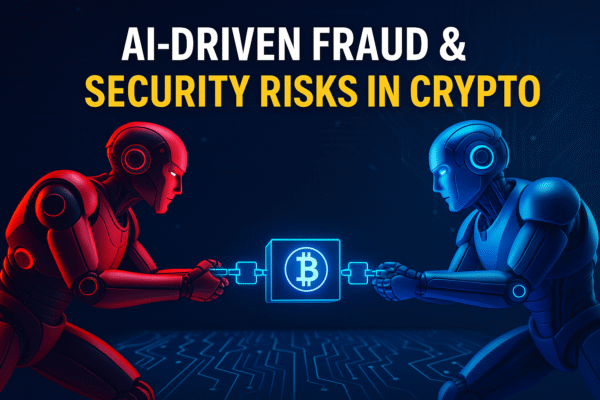 3D futuristic digital illustration showing two opposing AI entities battling over a glowing blockchain ledger. The red AI, symbolizing attackers, and the blue AI, symbolizing defenders, face each other across a cyber grid. Digital tokens and chains float around the central ledger. The scene is illuminated with vivid electric blue, bold red, and metallic silver neon lights, in a 600x400 landscape format optimized as a blog post header.