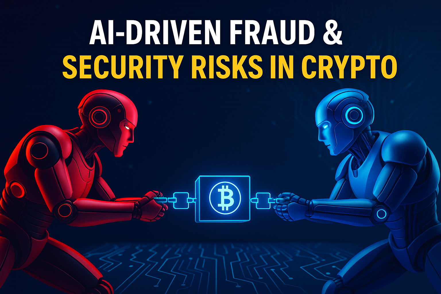3D futuristic digital illustration showing two opposing AI entities battling over a glowing blockchain ledger. The red AI, symbolizing attackers, and the blue AI, symbolizing defenders, face each other across a cyber grid. Digital tokens and chains float around the central ledger. The scene is illuminated with vivid electric blue, bold red, and metallic silver neon lights, in a 600x400 landscape format optimized as a blog post header.