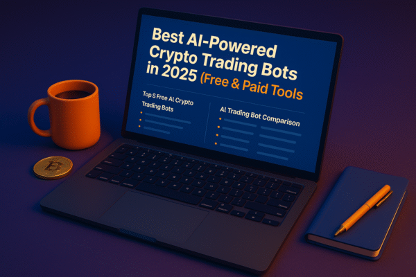 3D-rendered digital image of a laptop displaying the article “Best AI-Powered Crypto Trading Bots in 2025”, surrounded by a Bitcoin coin, orange mug, and a notebook on a bold, deep purple surface with vivid lighting.