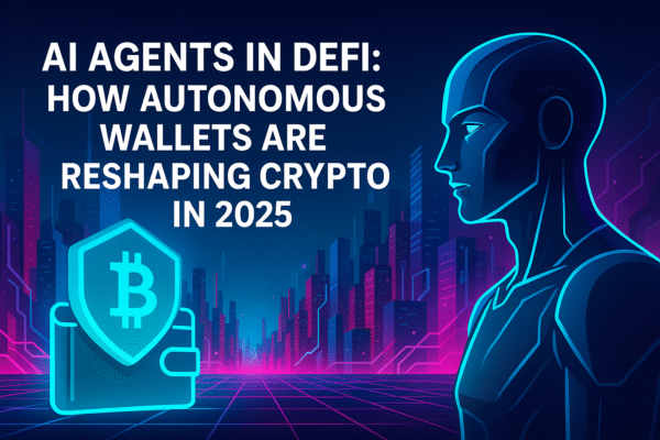 Futuristic cyberpunk-style illustration of AI in DeFi. A glowing humanoid figure stands in profile against a neon-lit city skyline with blockchain grids. On the left, a bright turquoise wallet icon with a Bitcoin shield symbol glows beneath the headline text: ‘AI Agents in DeFi: How Autonomous Wallets Are Reshaping Crypto in 2025’. Bright neon blue, purple, and orange colors emphasize the theme of autonomous finance and emerging technology.