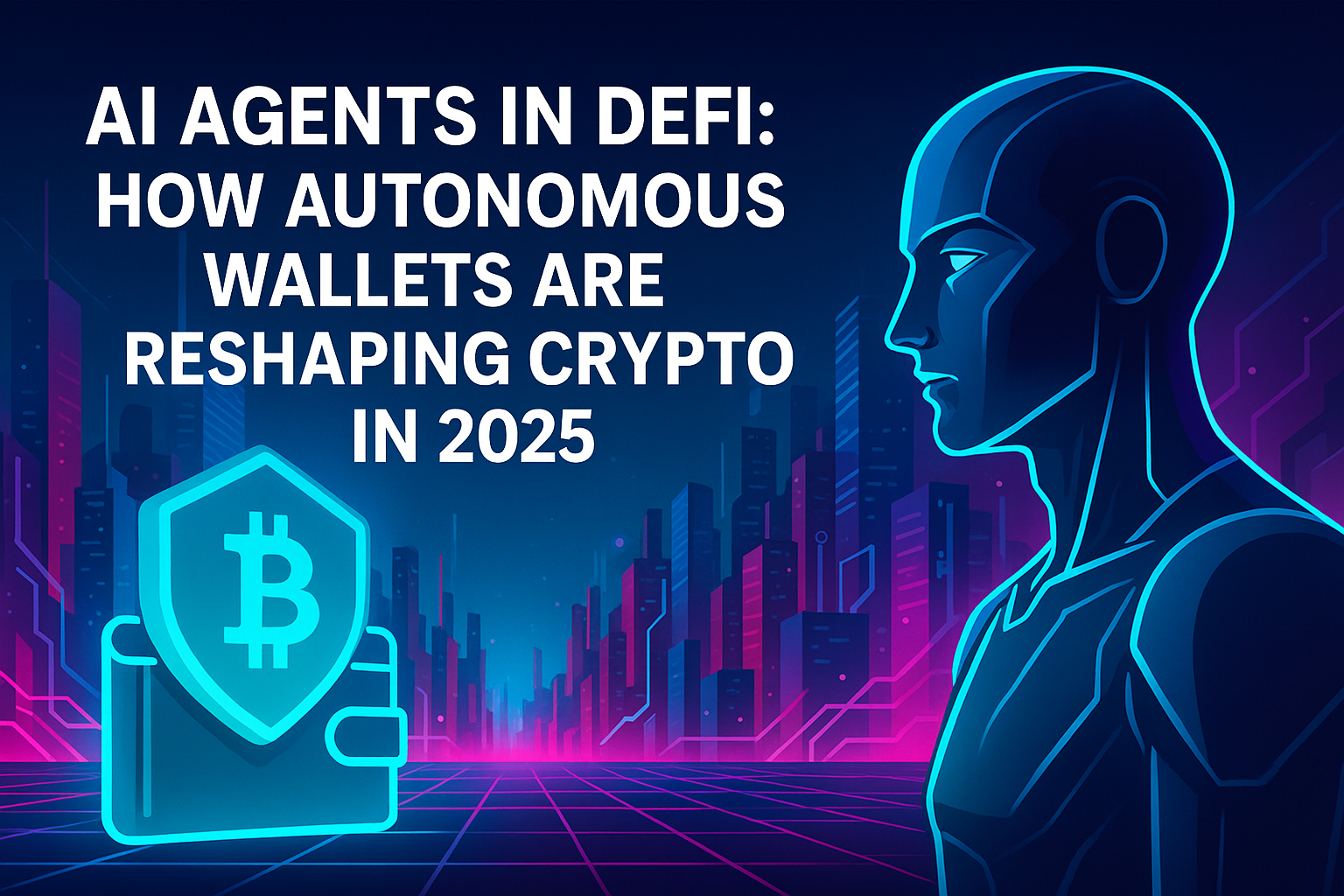 Futuristic cyberpunk-style illustration of AI in DeFi. A glowing humanoid figure stands in profile against a neon-lit city skyline with blockchain grids. On the left, a bright turquoise wallet icon with a Bitcoin shield symbol glows beneath the headline text: ‘AI Agents in DeFi: How Autonomous Wallets Are Reshaping Crypto in 2025’. Bright neon blue, purple, and orange colors emphasize the theme of autonomous finance and emerging technology.