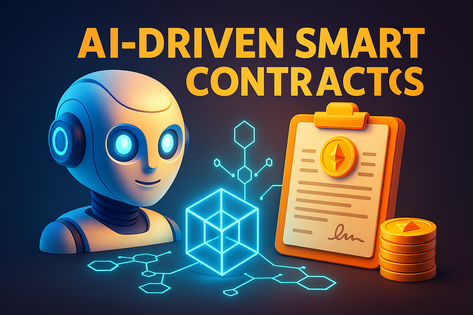 3D digital illustration of an AI-driven smart contract system inside a futuristic blockchain data center. The scene shows glowing holographic codes, interconnected blockchain nodes, and neural network patterns flowing across vibrant blue, purple, and golden circuits. The horizontally stretched, realistic artwork symbolizes automation, intelligence, and the fusion of AI and blockchain technology in 2025.